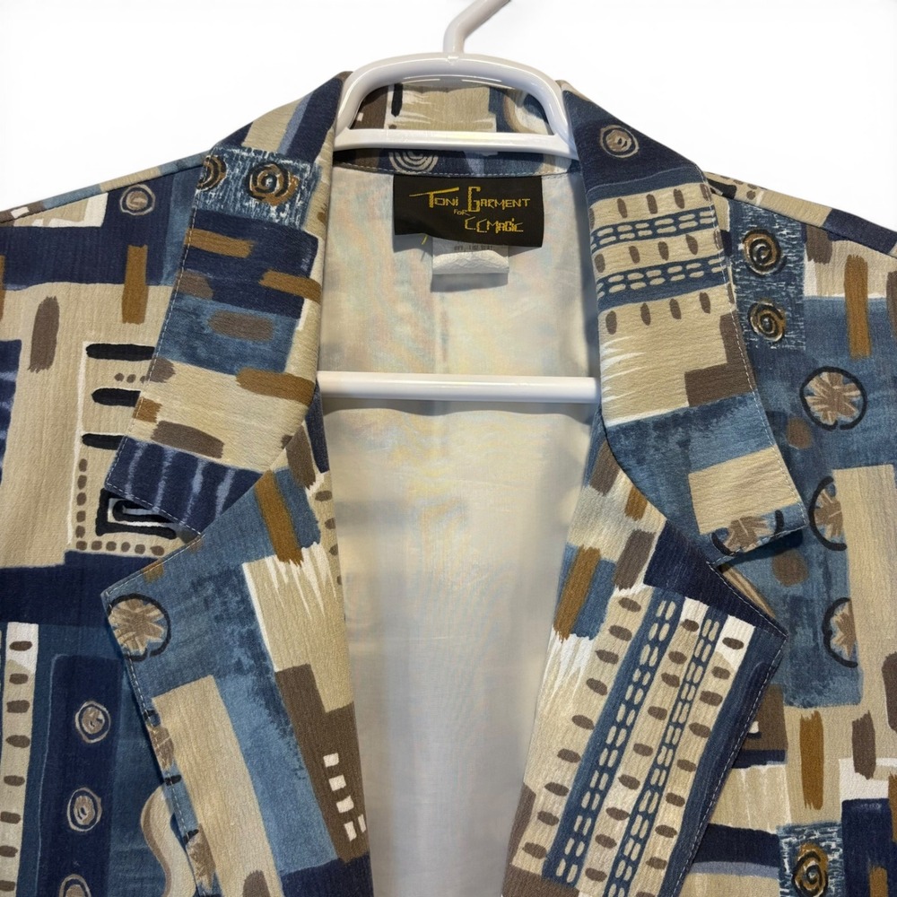 Toni Garment CC Magic Vintage Abstract Geometric Print Blazer Blue Tan Women's L